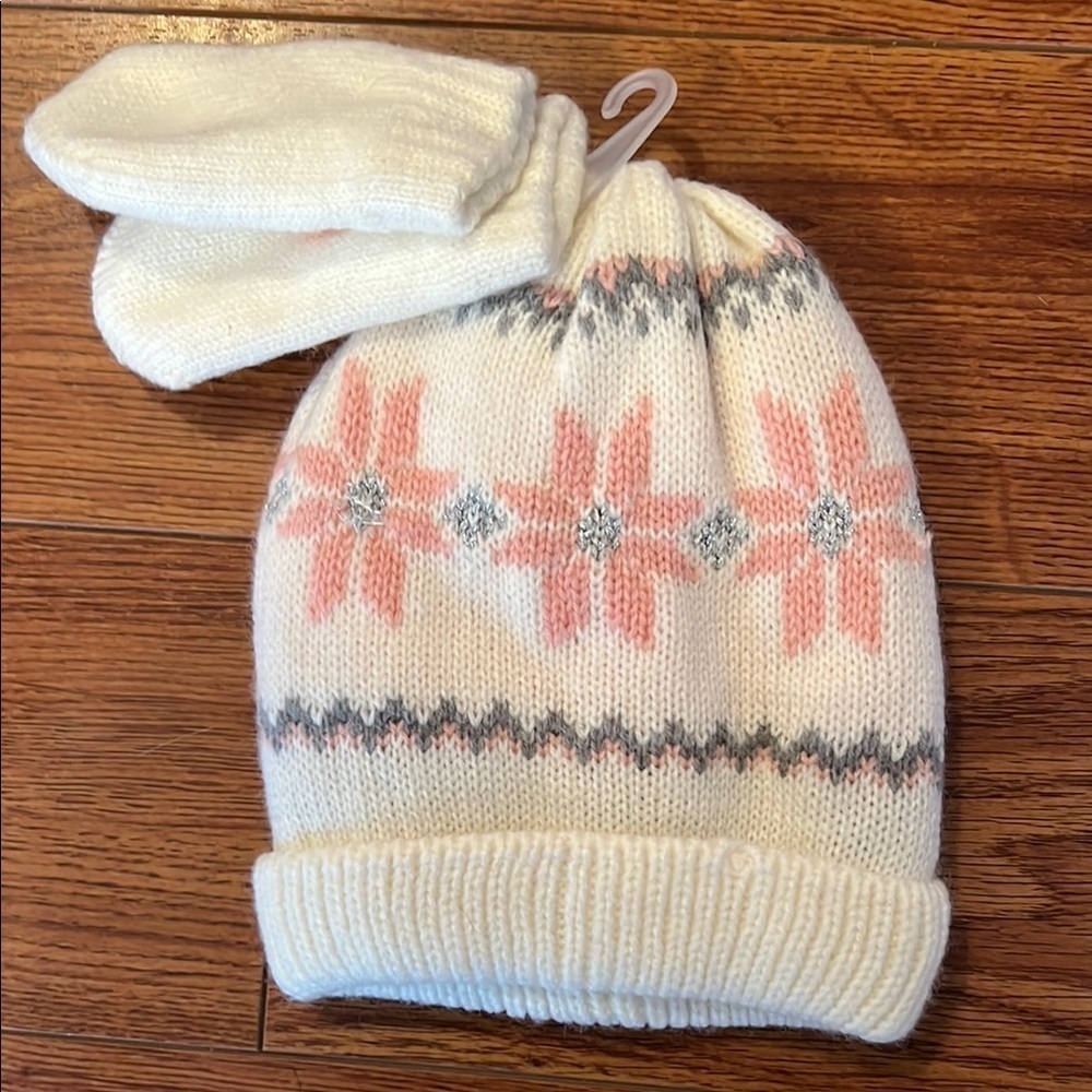 New! Cozy Kids' Winter Hat and Mittens Set - Pink and White